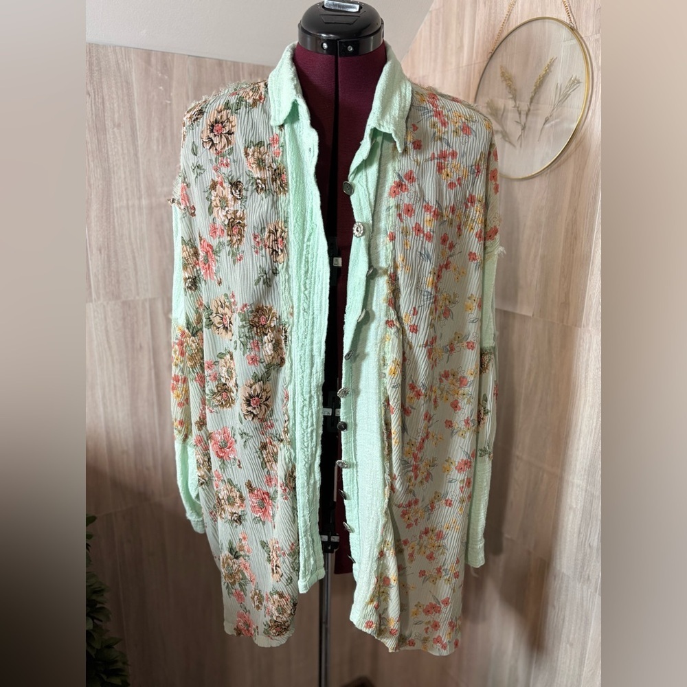 POL Light Mint Floral Sheer Knit Button Down Top